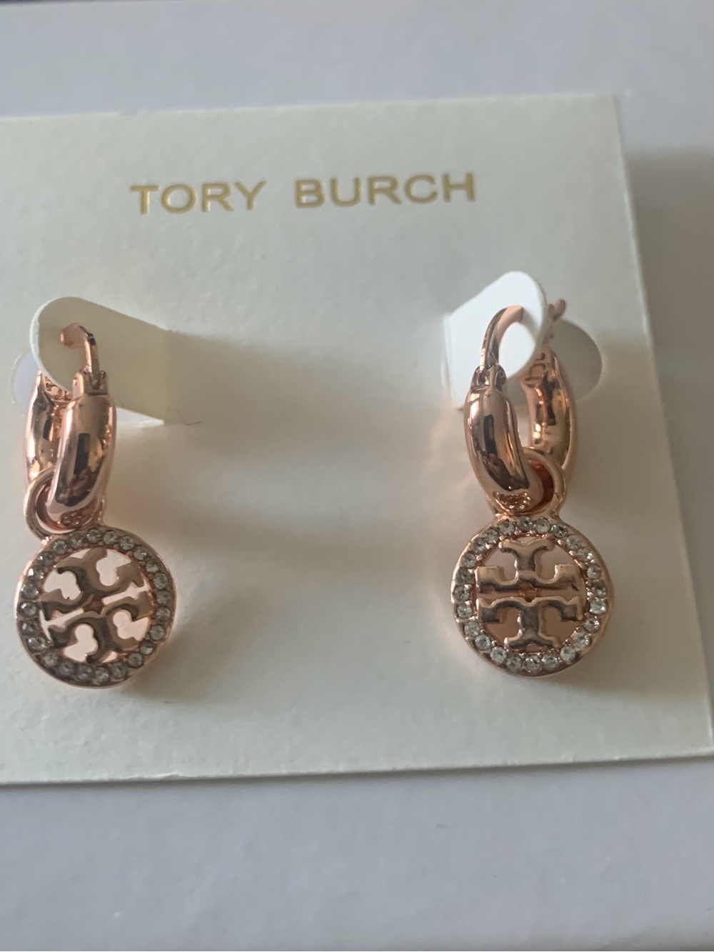 Tory Burch Rose Gold Crystal Logo Drop Earrings